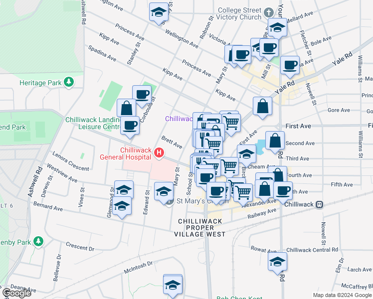 map of restaurants, bars, coffee shops, grocery stores, and more near 9112 Mary Street in Chilliwack