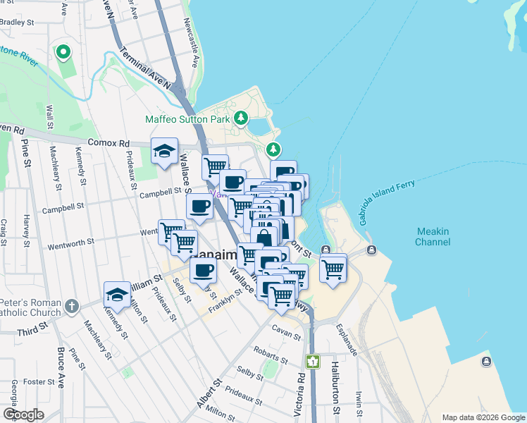 map of restaurants, bars, coffee shops, grocery stores, and more near 91 Chapel Street in Nanaimo