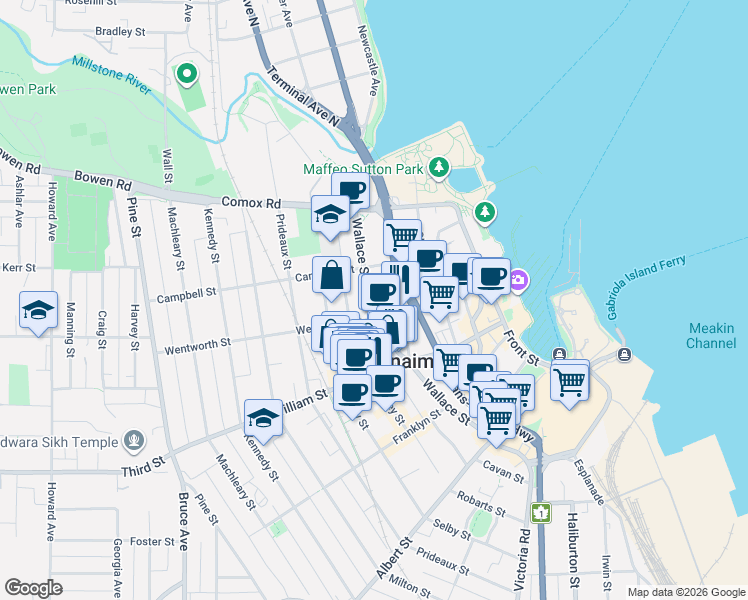 map of restaurants, bars, coffee shops, grocery stores, and more near 340 Wentworth Street in Nanaimo