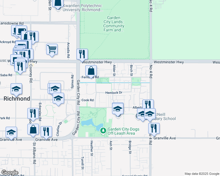 map of restaurants, bars, coffee shops, grocery stores, and more near 9373 Hemlock Drive in Richmond