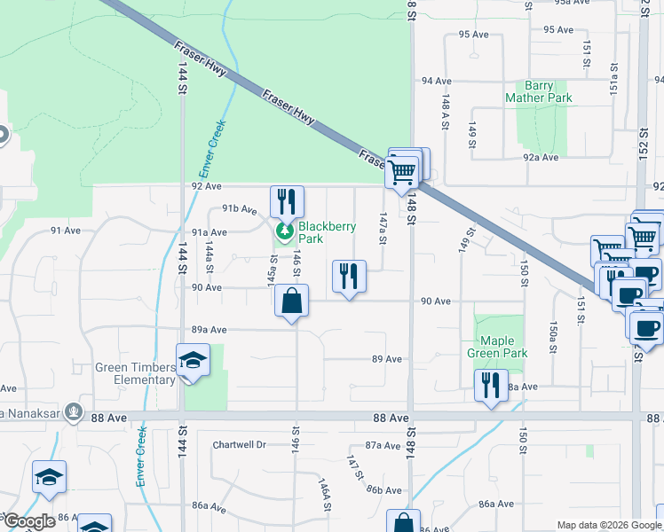 map of restaurants, bars, coffee shops, grocery stores, and more near 9068 146A Street in Surrey
