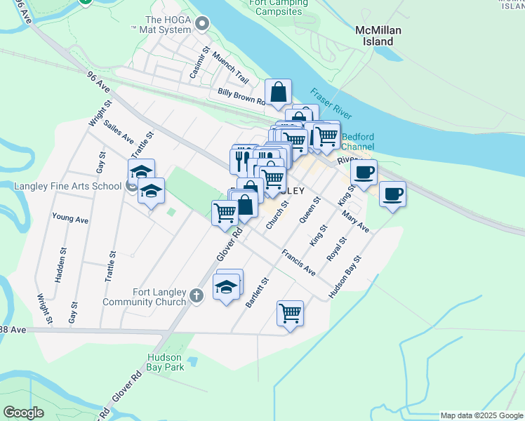 map of restaurants, bars, coffee shops, grocery stores, and more near 9090 Glover Road in Langley Township