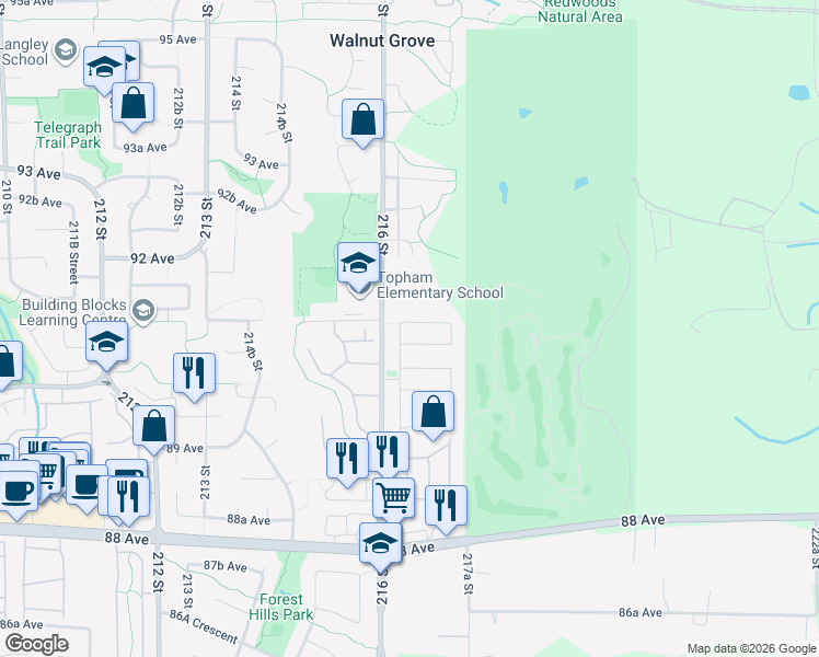 map of restaurants, bars, coffee shops, grocery stores, and more near 21650 91 Avenue in Langley Township