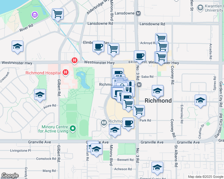 map of restaurants, bars, coffee shops, grocery stores, and more near 6200 Minoru Boulevard in Richmond