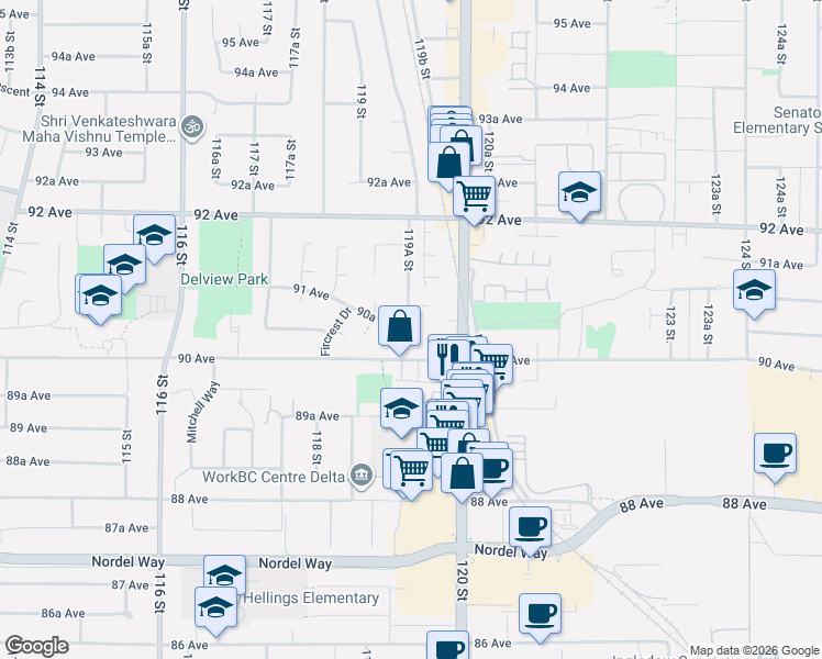 map of restaurants, bars, coffee shops, grocery stores, and more near 11925 90 Avenue in Delta