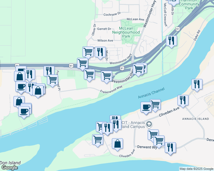 map of restaurants, bars, coffee shops, grocery stores, and more near 22071 Fraserwood Way in Richmond