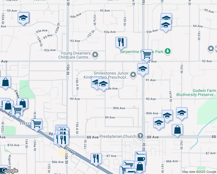 map of restaurants, bars, coffee shops, grocery stores, and more near 2 158 Street in Surrey