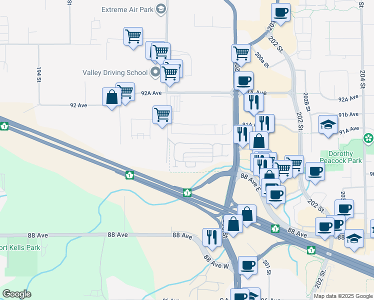 map of restaurants, bars, coffee shops, grocery stores, and more near 9080 198 Street in Langley Township