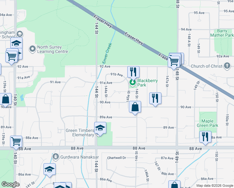 map of restaurants, bars, coffee shops, grocery stores, and more near 14506 91 Avenue in Surrey