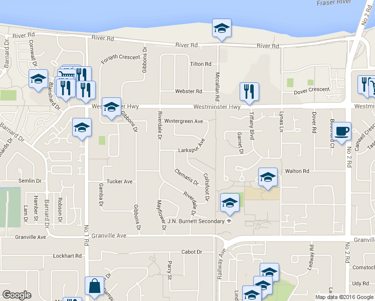 map of restaurants, bars, coffee shops, grocery stores, and more near Larkspur Avenue in Richmond