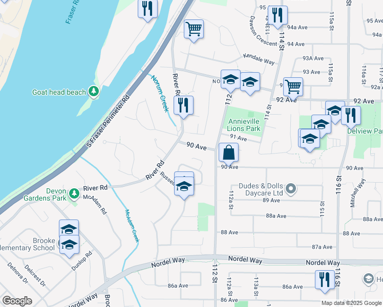 map of restaurants, bars, coffee shops, grocery stores, and more near 8992 Watson Court in Delta
