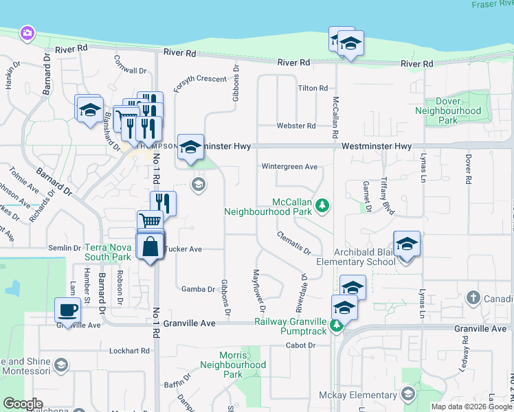 map of restaurants, bars, coffee shops, grocery stores, and more near Riverdale Drive in Richmond