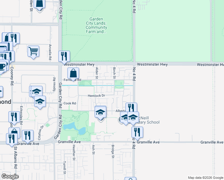 map of restaurants, bars, coffee shops, grocery stores, and more near 6233 Birch Street in Richmond