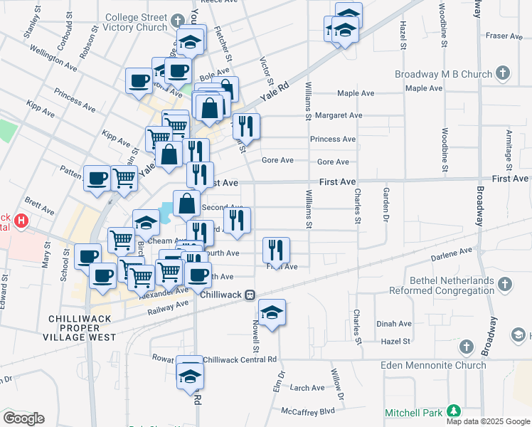 map of restaurants, bars, coffee shops, grocery stores, and more near 46121 Third Avenue in Chilliwack