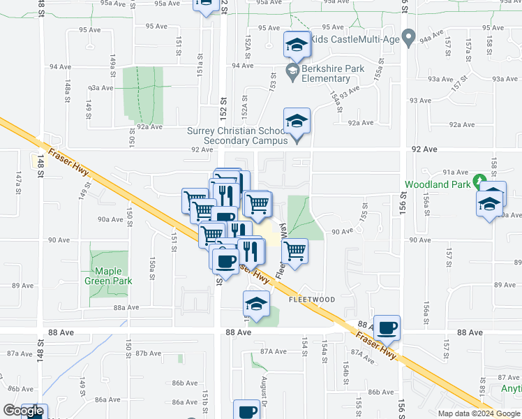 map of restaurants, bars, coffee shops, grocery stores, and more near 9072 103 Avenue in Surrey