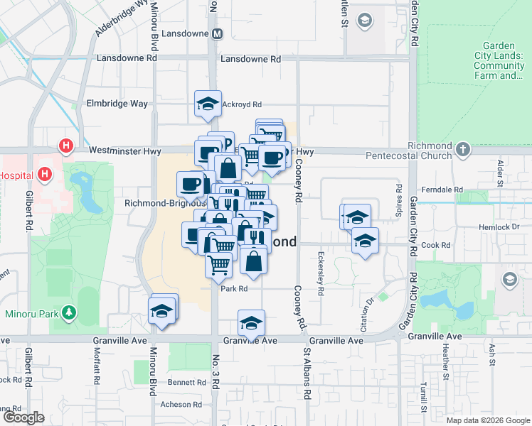 map of restaurants, bars, coffee shops, grocery stores, and more near 6380 Buswell Street in Richmond