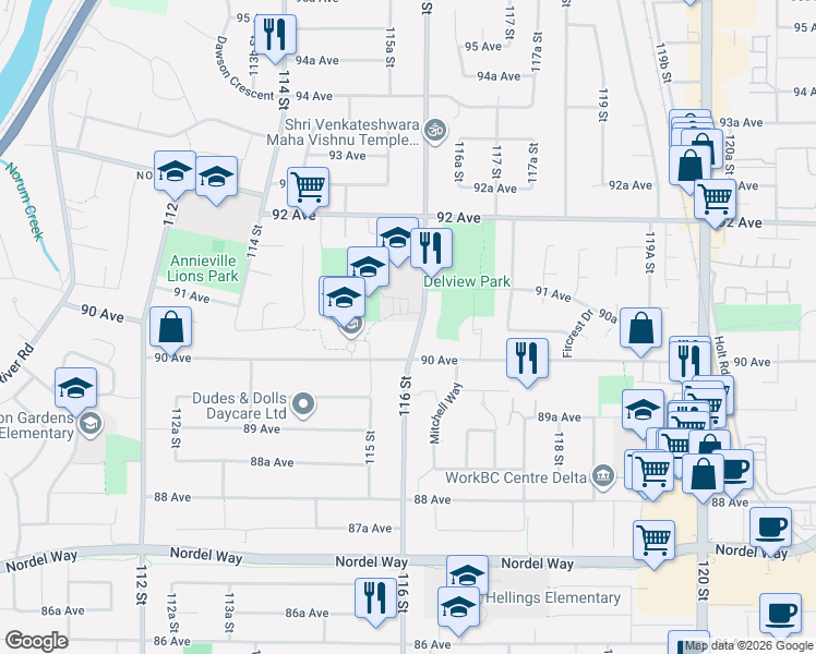 map of restaurants, bars, coffee shops, grocery stores, and more near 9045 116 Street in Delta