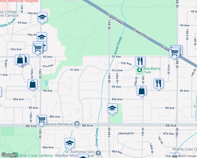 map of restaurants, bars, coffee shops, grocery stores, and more near 14359 90A Avenue in Surrey