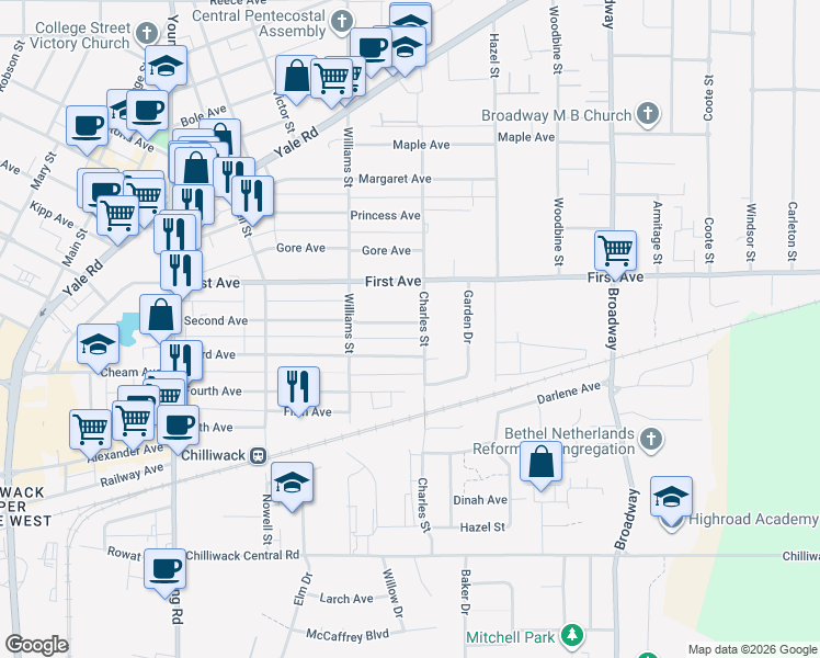 map of restaurants, bars, coffee shops, grocery stores, and more near 46290 Second Avenue in Chilliwack