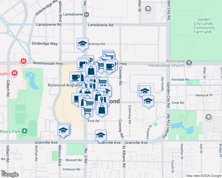 map of restaurants, bars, coffee shops, grocery stores, and more near 6380 Buswell Street in Richmond
