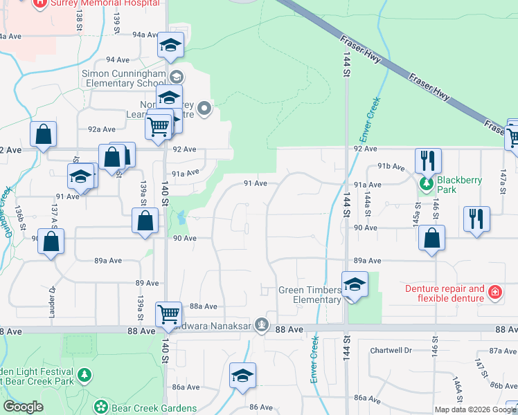 map of restaurants, bars, coffee shops, grocery stores, and more near 9057 142A Street in Surrey