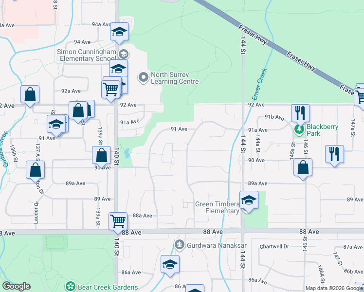 map of restaurants, bars, coffee shops, grocery stores, and more near 9057 142A Street in Surrey