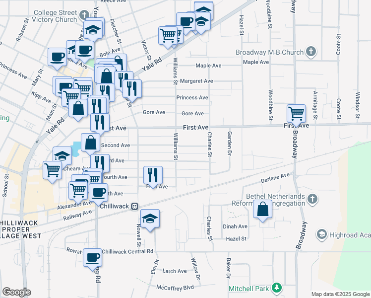 map of restaurants, bars, coffee shops, grocery stores, and more near 46230 Second Avenue in Chilliwack