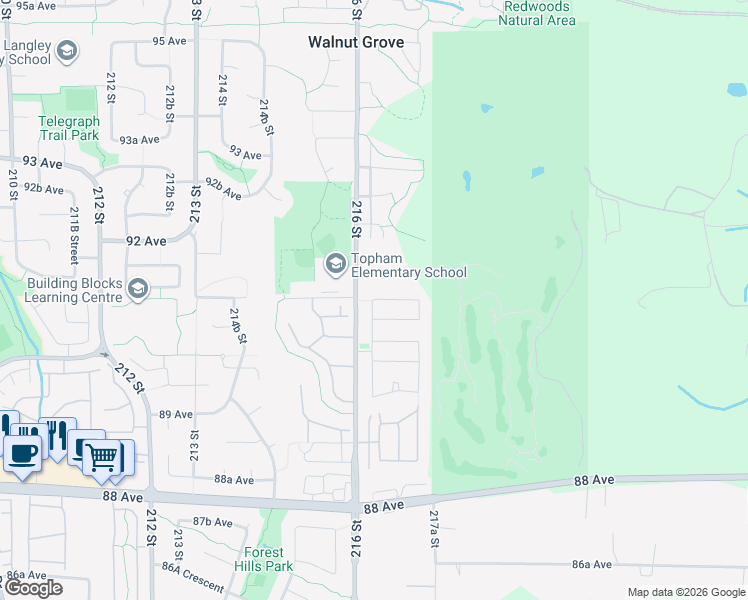 map of restaurants, bars, coffee shops, grocery stores, and more near 21650 91 Avenue in Langley