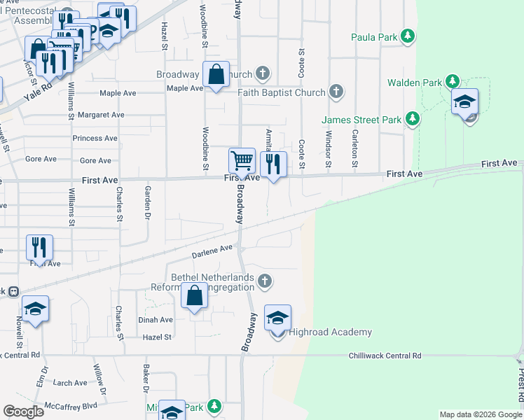 map of restaurants, bars, coffee shops, grocery stores, and more near 9123 Armitage Street in Chilliwack