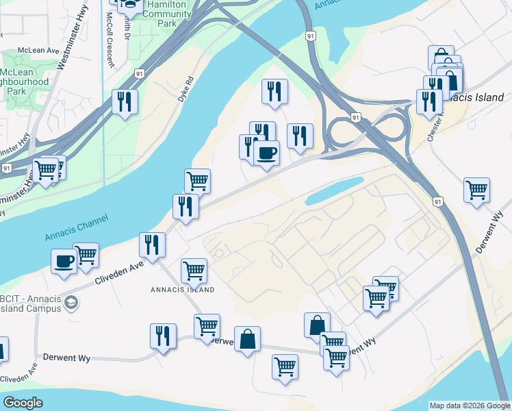 map of restaurants, bars, coffee shops, grocery stores, and more near 1300-1322 Cliveden Avenue in Delta