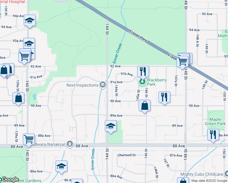 map of restaurants, bars, coffee shops, grocery stores, and more near 9075 144A Street in Surrey