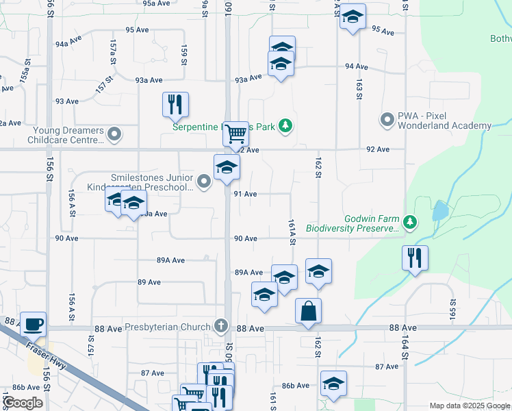 map of restaurants, bars, coffee shops, grocery stores, and more near 9076 160A Street in Surrey