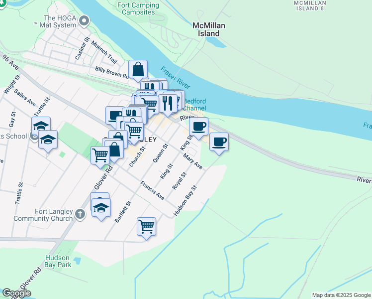 map of restaurants, bars, coffee shops, grocery stores, and more near 9122 King Street in Langley Township