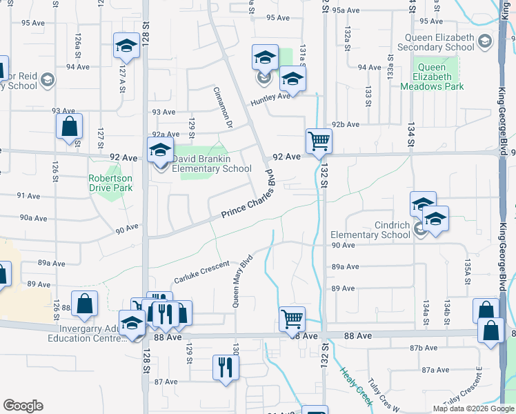map of restaurants, bars, coffee shops, grocery stores, and more near 9112 Prince Charles Boulevard in Surrey