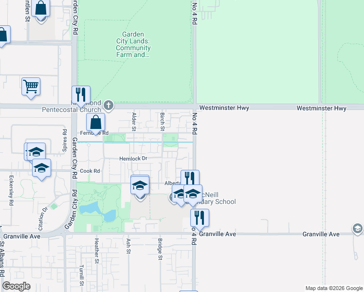 map of restaurants, bars, coffee shops, grocery stores, and more near 6300 Birch Street in Richmond