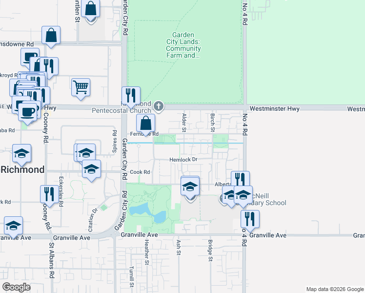 map of restaurants, bars, coffee shops, grocery stores, and more near 103 Ferndale Road in Richmond