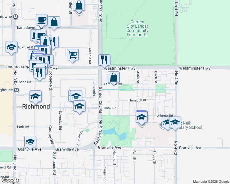 map of restaurants, bars, coffee shops, grocery stores, and more near 6233 Katsura Street in Richmond