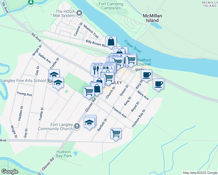 map of restaurants, bars, coffee shops, grocery stores, and more near in Langley Township