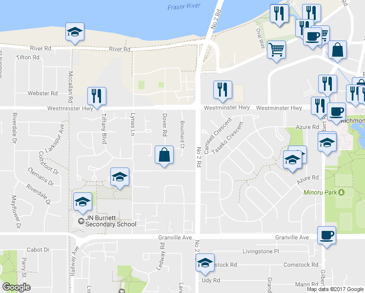 map of restaurants, bars, coffee shops, grocery stores, and more near 6560 Bouchard Court in Richmond