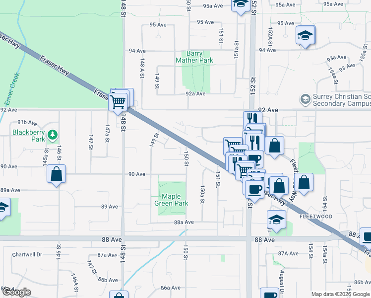 map of restaurants, bars, coffee shops, grocery stores, and more near 60 150 Street in Surrey