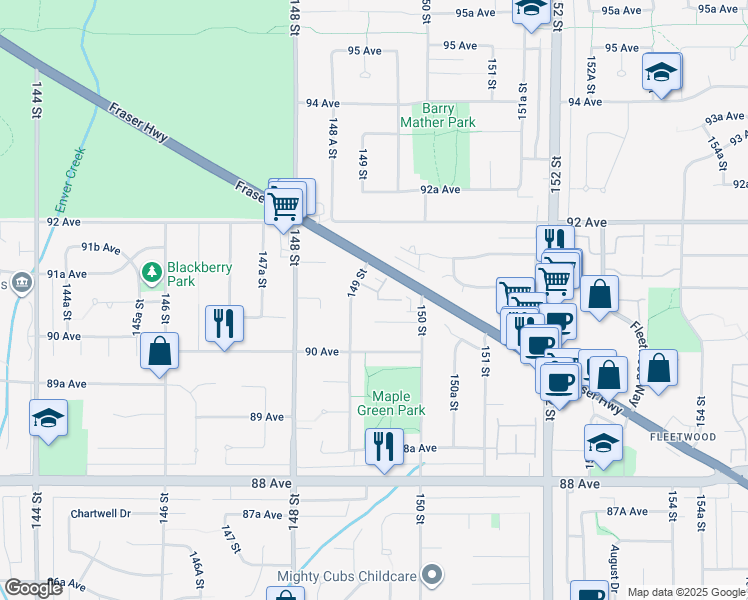 map of restaurants, bars, coffee shops, grocery stores, and more near 9118 149 Street in Surrey