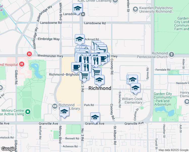 map of restaurants, bars, coffee shops, grocery stores, and more near 6351 Buswell Street in Richmond