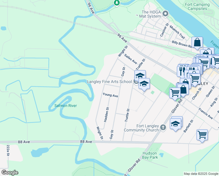 map of restaurants, bars, coffee shops, grocery stores, and more near 22806 Rennie Avenue in Langley Township