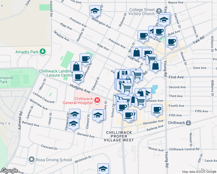 map of restaurants, bars, coffee shops, grocery stores, and more near in Chilliwack