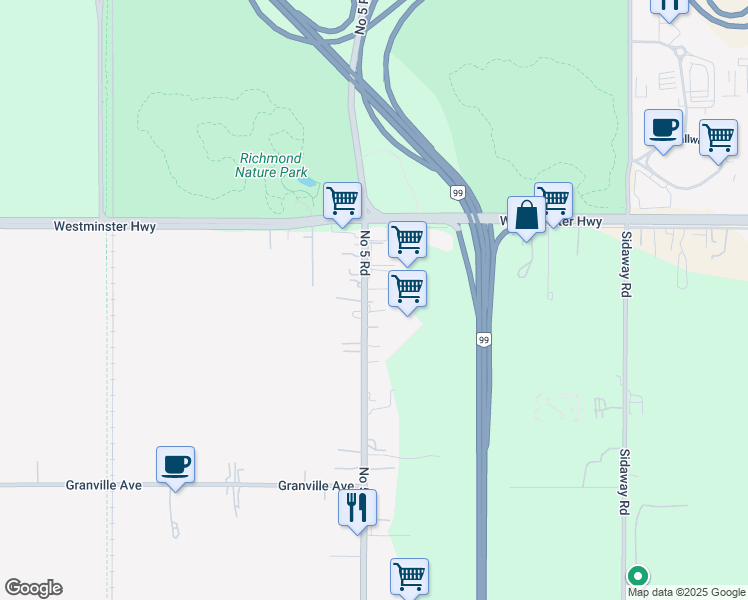 map of restaurants, bars, coffee shops, grocery stores, and more near 6200 Number 5 Road in Richmond