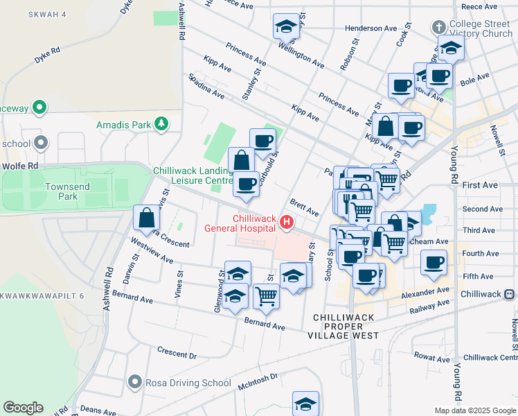 map of restaurants, bars, coffee shops, grocery stores, and more near 9130 Corbould Street in Chilliwack