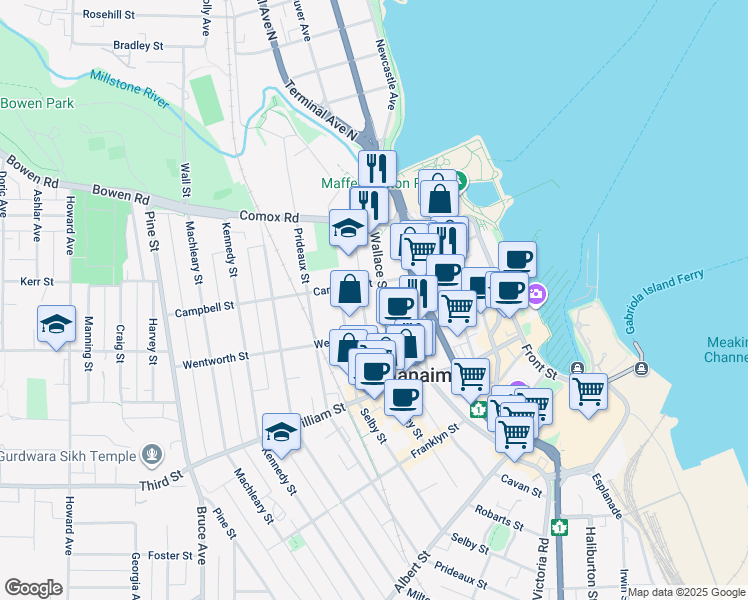 map of restaurants, bars, coffee shops, grocery stores, and more near 340 Campbell Street in Nanaimo