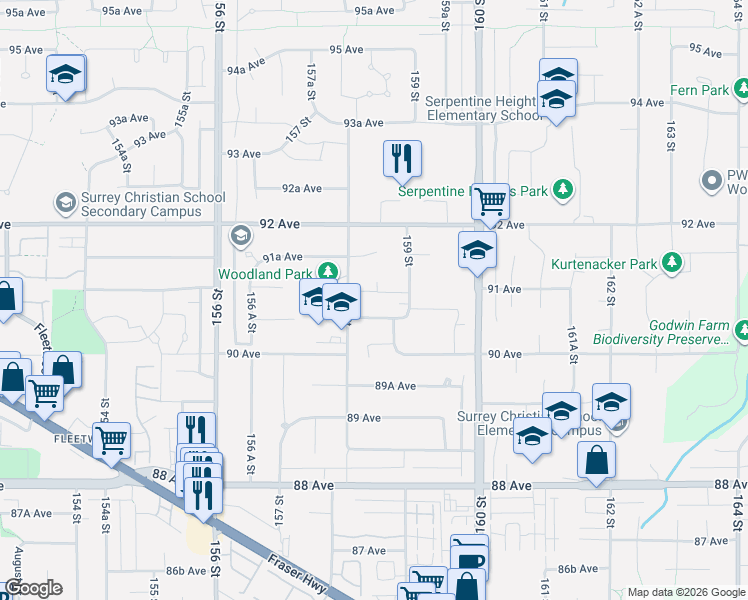 map of restaurants, bars, coffee shops, grocery stores, and more near 15866 91 Avenue in Surrey