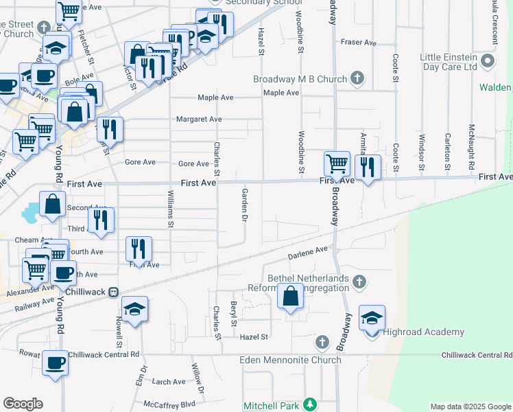 map of restaurants, bars, coffee shops, grocery stores, and more near 9162 Garden Drive in Chilliwack