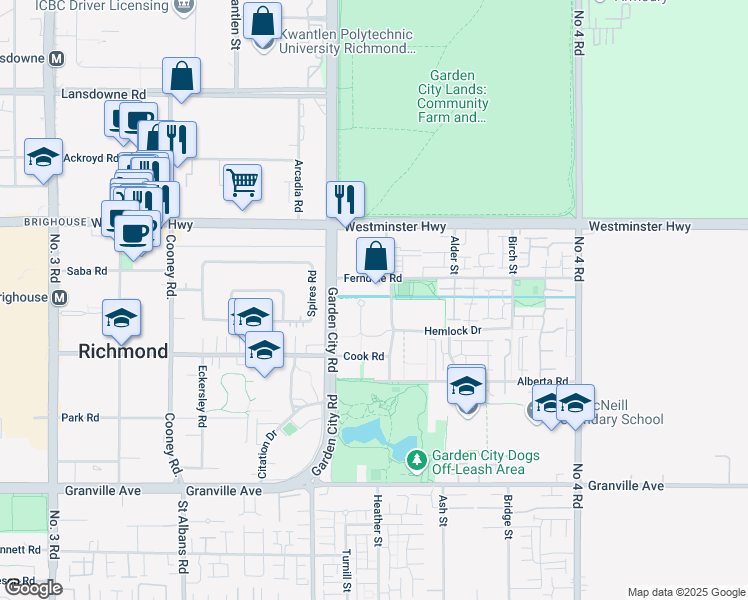 map of restaurants, bars, coffee shops, grocery stores, and more near 9200 Ferndale Road in Richmond